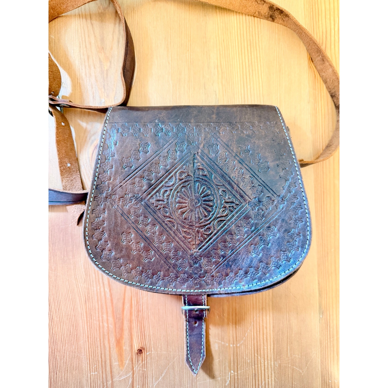 Vintage Tooled Leather Crossbody Brown Boho Saddle Bag Handmade Artisan Purse